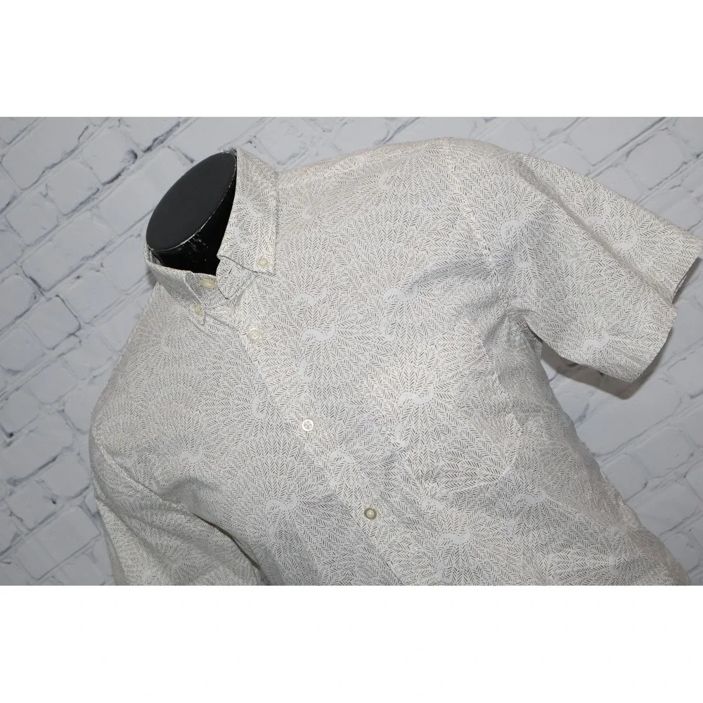 Banana Republic Dress Shirt Mens Large White Tan Geometric Floral Slim Flex Fit